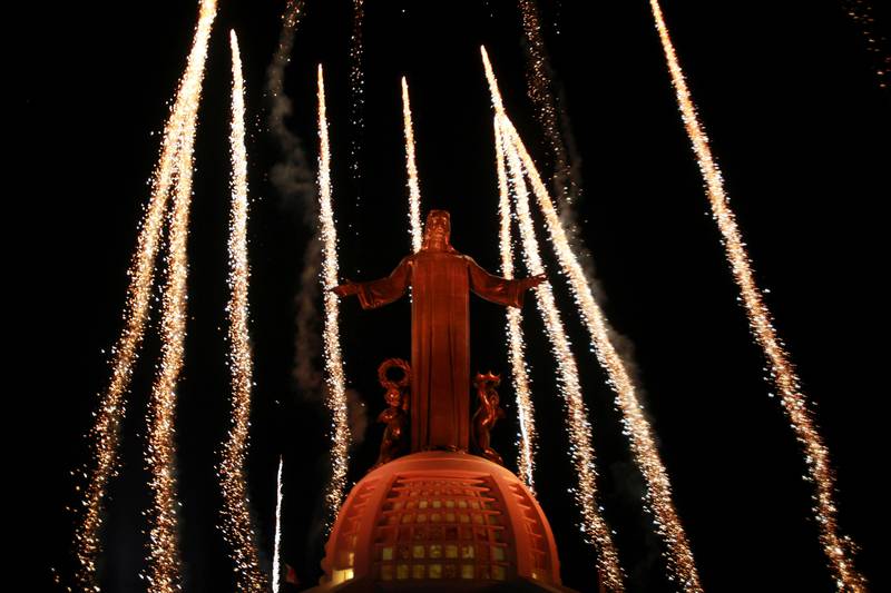 Fireworks explode as the new lights of the Cristo Rey, Christ King,  statue are inaugurated remotely by Pope Benedict XVI at the Cubilete Hill near Silao, Mexico, Sunday, March 25, 2012. (AP Photo/Dario Lopez-Mills)