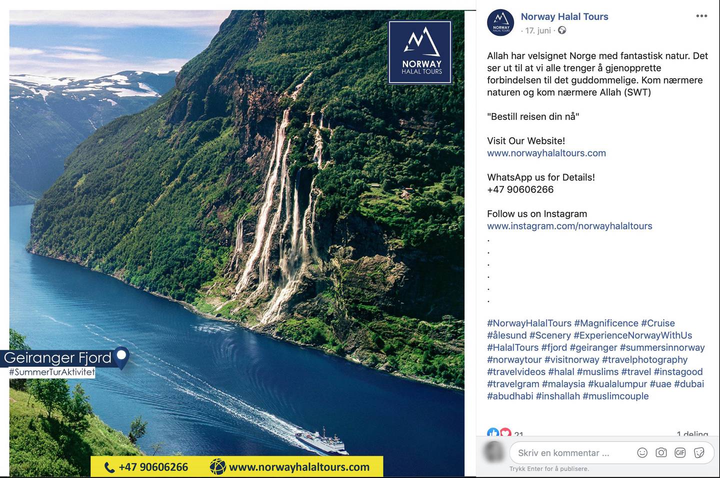 Slik reklamerer Norway Halal Tours for sine pakketurer i Norge på Facebook.