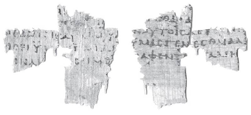 Fragmenter: Det er fragmenter som dette som har vært solgt. Dette er fra  I, 7-9 og versene 16–18 som er del av The Oxyrhynchus Papyri.