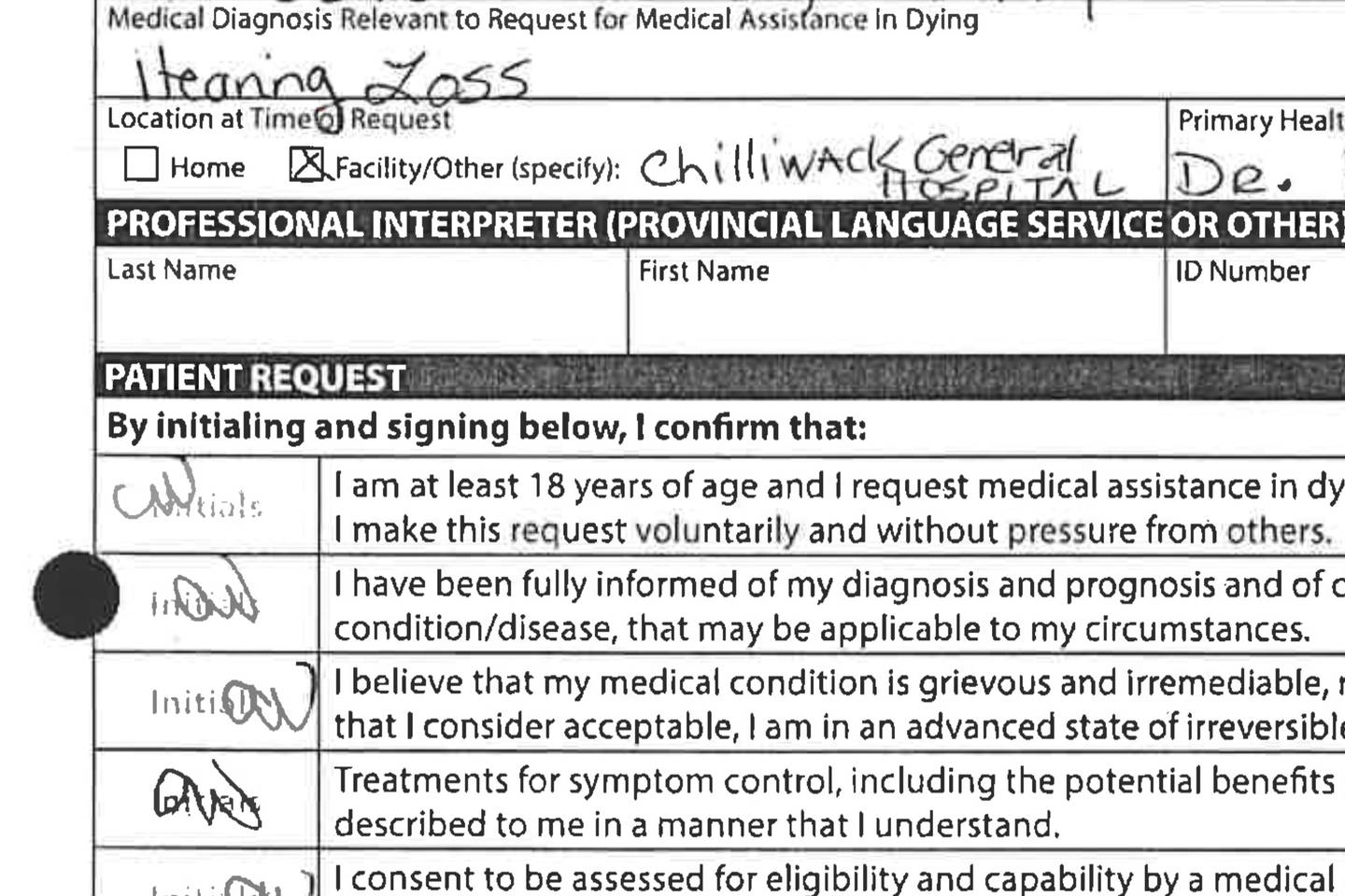 This image shows part of a medical request form for euthanasia filled out by Alan Nichols of Chilliwack, British Columbia, Canada. His application listed only one health condition as the reason for his request to die: hearing loss. The current law allows people with serious disabilities to choose to be killed in the absence of any other medical issue. (Courtesy Gary Nichols via AP)