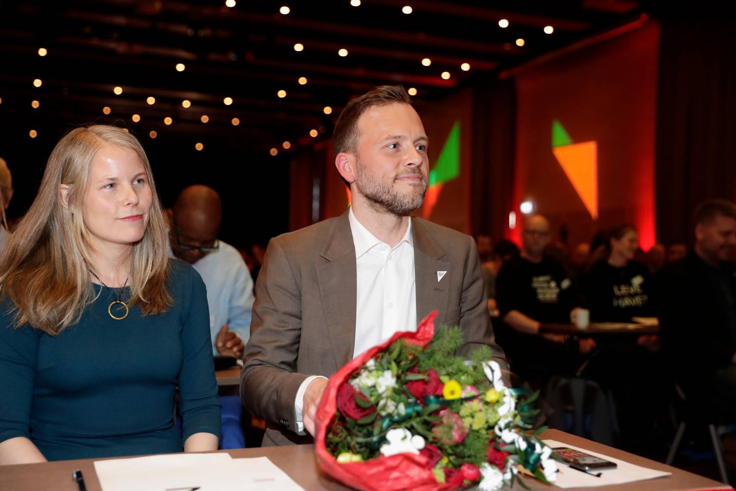 GARDERMOEN  20190330.
Kirsti Bergstø (t.v.) og  Audun Lysbakken under SVs landsmøte 2019.
Foto: Berit Roald / NTB scanpix