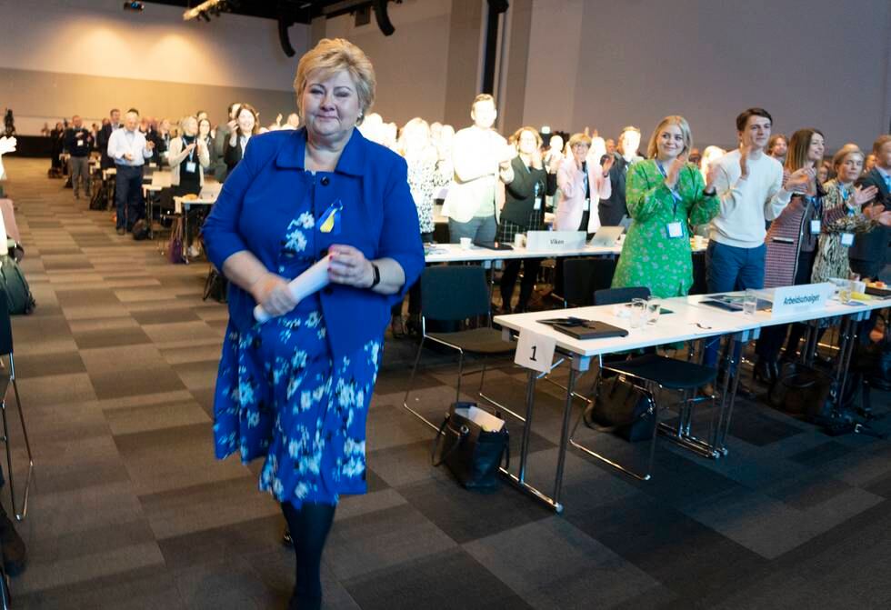 Partileder Erna Solberg under høyres landsmøte på Thon Hotel Gardermoen lørdag.
