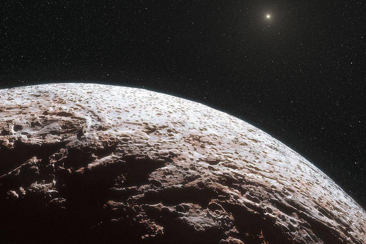 EMBARGOED UNTIL 1 P.M. EDT, WEDNESDAY, NOV. 21, 2012 - This artist impression provided by the European Southern Observatory and the journal Nature, shows the surface of the distant dwarf planet Makemake. This dwarf planet is about two thirds of the size of Pluto, and travels around the Sun in a distant path that lies beyond that of Pluto, but closer to the Sun than Eris, the most massive known dwarf planet in the Solar System. Astronomers say Pluto's icy more distant sister seems even more alien because they found it doesn't have an atmosphere. Scientists measuring the light signature from Makemake conclude that it doesn't have a global atmosphere. A study in Wednesday's journal Nature said it still may have pockets of atmosphere from methane ice turning into gas.  Makemake is one of our solar system's distant dwarf planets beyond Neptune. (AP Photo/European Southern Observatory/Nature