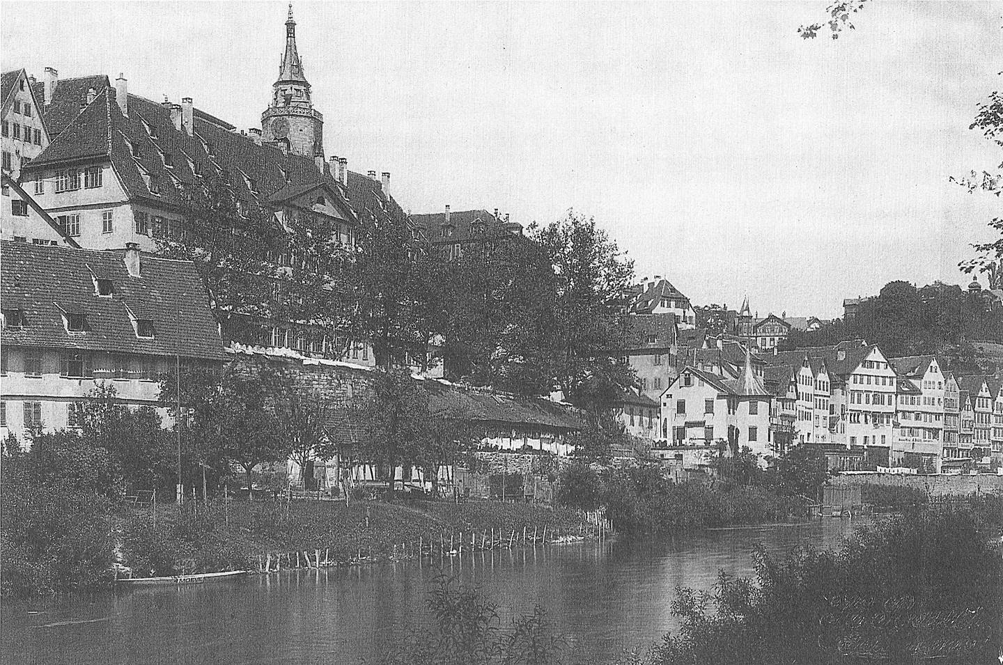 Landemerke: Neckarbad med Hölderlinturm ved elven Neckar i Tübingen, fra rundt 1900. I tårnværelset bodde Hölderlin i en årrekke.
