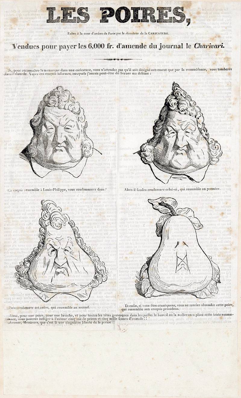 Denne karikaturen av kong ­Louis-Philippes hode, som gradvis ble til en pære, var svært populær i Frankrike på 1800-tallet. Så populær ble den at myndig­hetene forsøkte å svare tilbake med samme mynt, ved å tegne republikanernes hatt som gjærbakst i form av en luftig brioche.