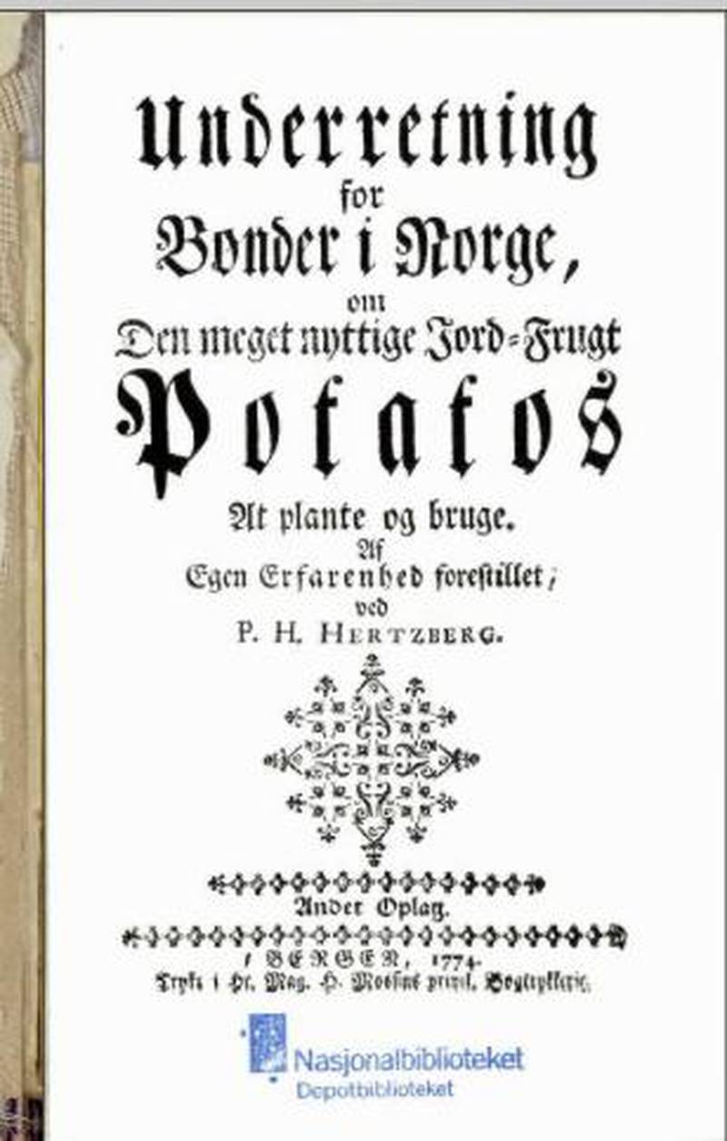 Den første norske læreboken i potetdyrking, skrevet av Sokneprest Peder Harboe Hertzberg.