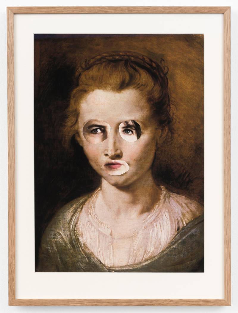 Vanessa Baird har festet sine egne øyne og munn på reproduksjonen av et Rubens-maleri av datteren Clara Serena. – Gjennom kunsten kan vi faktisk, som Baird gjør med Clara Serena, se gjennom andres øyne, snakke gjennom andres munn, skriver anmelder Kjetil Røed.