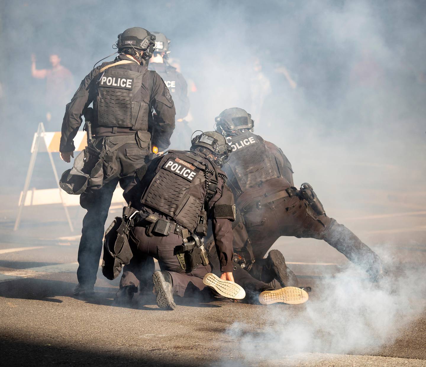 Police take down a protester in Spokane, Wash. on May 31, 2020, during a protest over the death of George Floyd on May 25.. (Libby Kamrowski/The Spokesman-Review via AP)