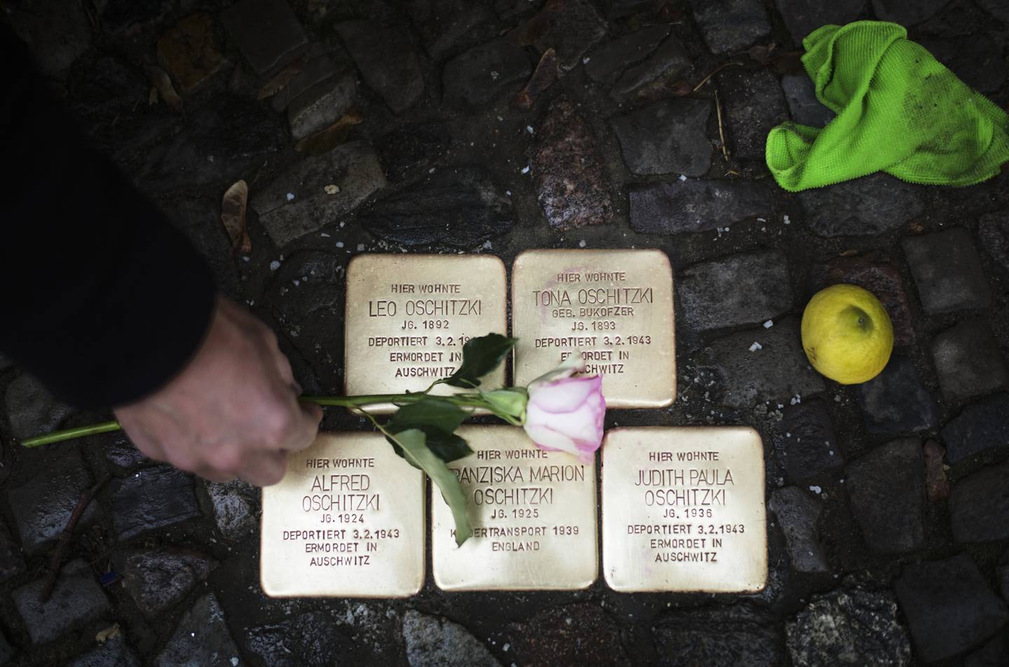 LA NED ROSE:  Juergen Schulz la i 2021 ned en blomst etter at han har pusset «snublesteiner» til minne om personer som ble deportert og drept av nazistene. Nå advarer Holocaust-overlevende fra hele verden om oppblomstringen av antisemittisme 84 år etter Krystallnatten.