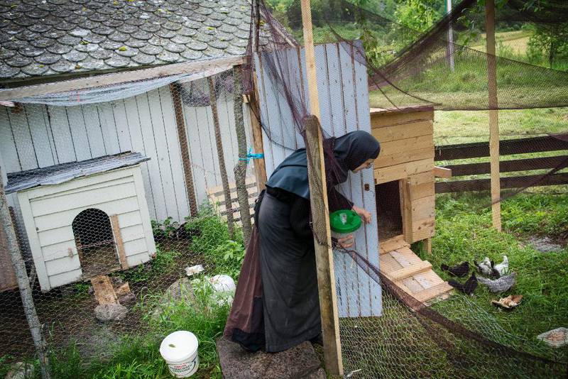 STELLER HØNER: Nonne Iakovi steller hønene som held til i hagen. Ho er spent på om det har kome nye kyllingar i løpet av natta. 