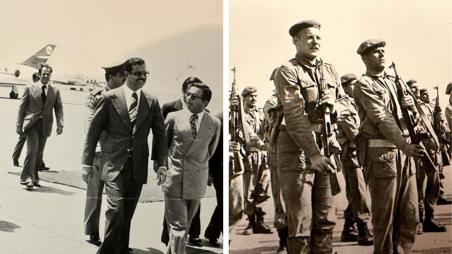 Farouk gikk på militærakademiet (bildet til høyre), og møtte Saddam Hussein flere ganger både i partisammenheng og som diplomat. Her går han bak i Saddams følge (bildet til venstre).