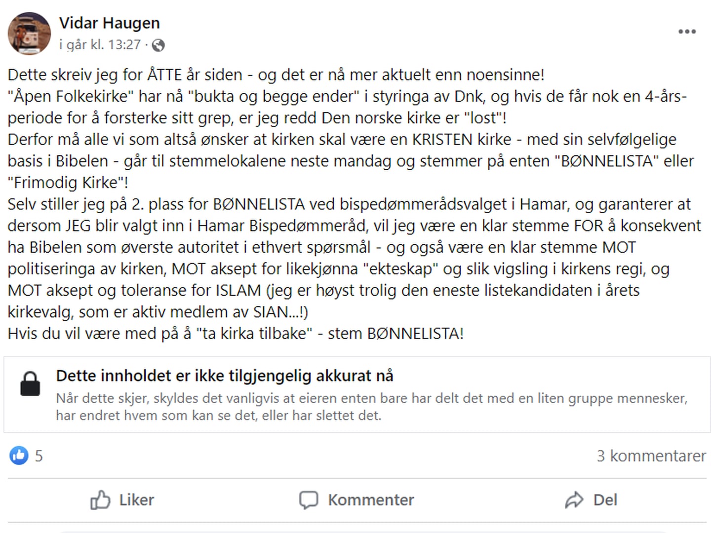 Vidar Haugen, facebook-innlegg