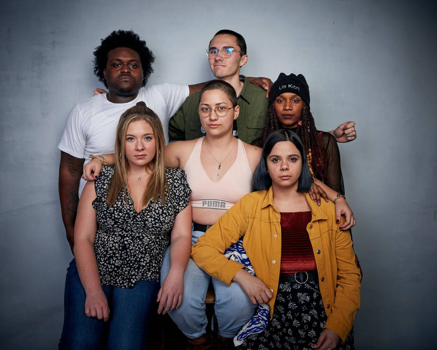 Alex King, from top left, David Hogg, Jackie Corin, from bottom left, Emma Gonzalez, Sam Fuentes, and Bria Smith pose for a portrait to promote the film "Us Kids" at the Music Lodge during the Sundance Film Festival on Saturday, Jan. 25, 2020, in Park City, Utah. (Photo by Taylor Jewell/Invision/AP)