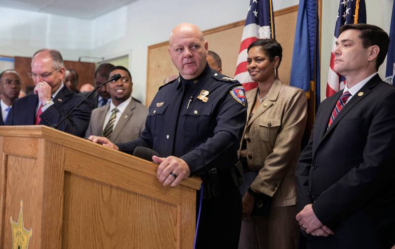 Louisiana State Fire Marshal H. "Butch" Browning speaks at a press conference on the arrest of a suspect Holden Matthews for the arson of three churches in Opelousas, La., Thursday, April 11, 2019. (AP Photo/Lee Celano)