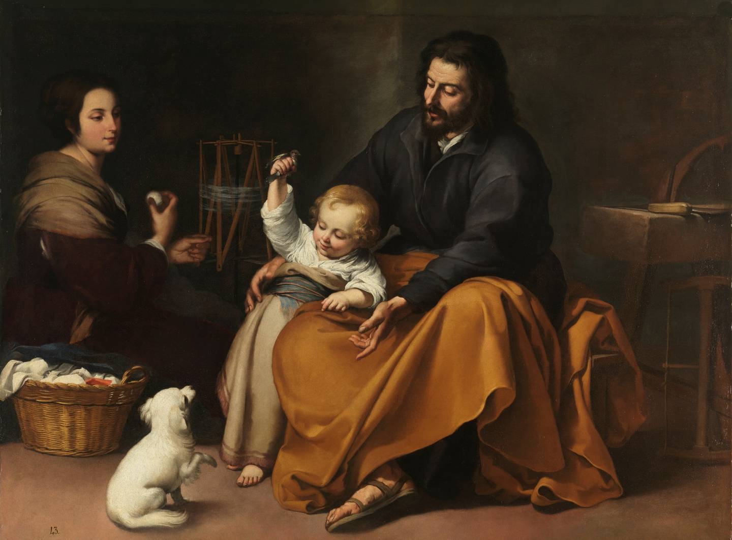 Bartolomé Esteban Murillo: The Holy Family with a Little Bird (Maria, Jesus, Josef), malt rundt 1650