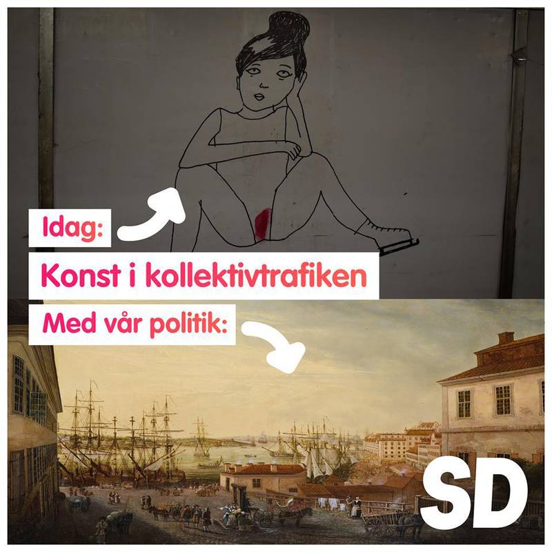 I mars uttalte SD at de ville fjerne tegninger av kvinner med mensen fra en T-banestasjon i Stockholm, til fordel for et nasjonalromantisk maleri av byen.