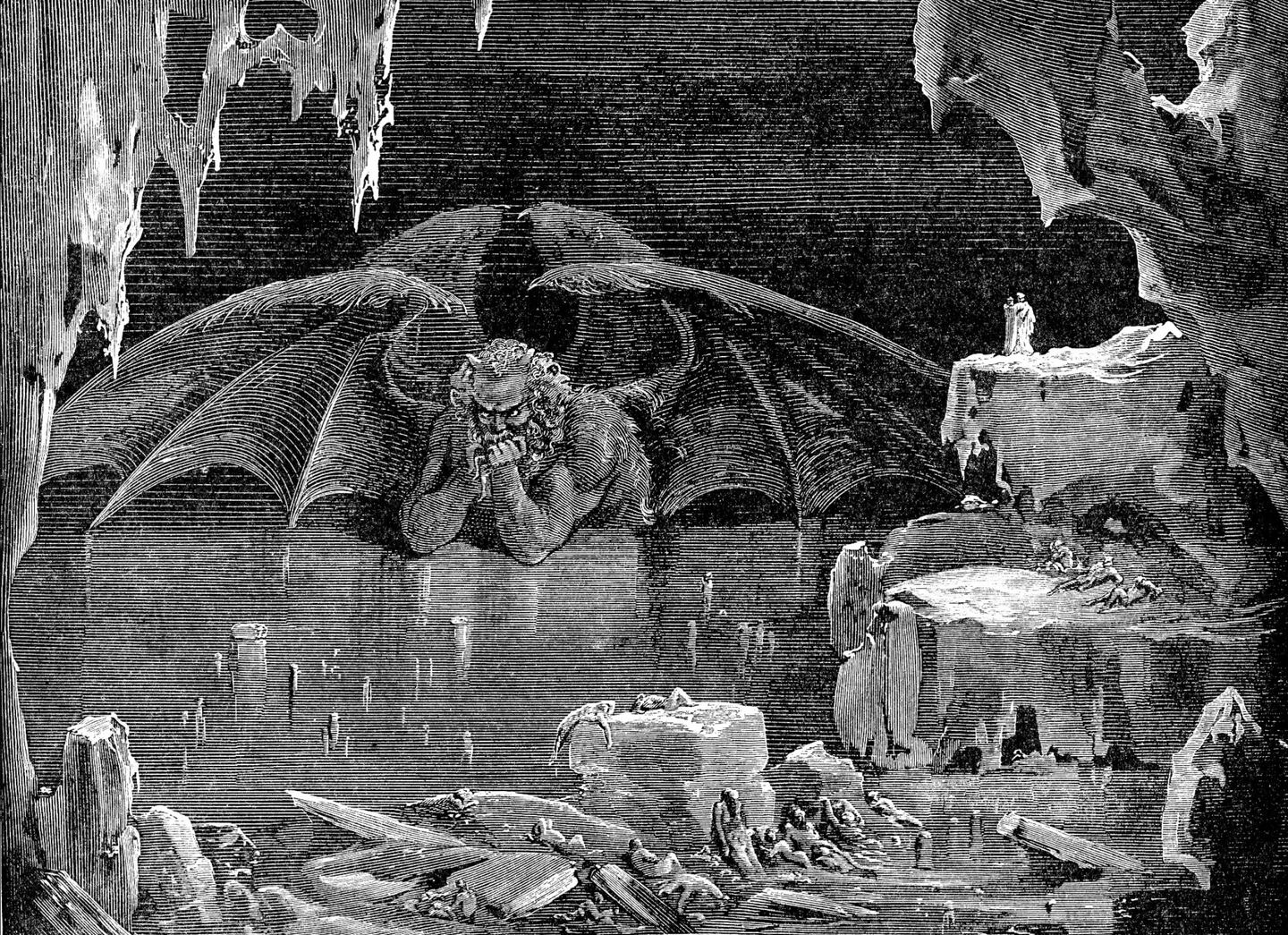 LUCIFER: En skildring av Lucifer av Gustave Doré fra Canto XXXIV av Dante Alighieris guddommelige komedie