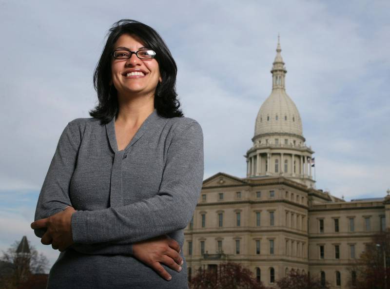 FILE - In this Thursday, Nov. 6, 2008, file photo, Rashida Tlaib, a Democrat, is photographed outside the Michigan Capitol in Lansing, Mich. In the primary election Tuesday, Aug. 7, 2018, Democrats pick former Michigan state Rep. Rashida Tlaib to run unopposed for the congressional seat that former Rep. John Conyers held for more than 50 years. Tlaib would be the first Muslim woman in Congress. (AP Photo/Al Goldis, File)