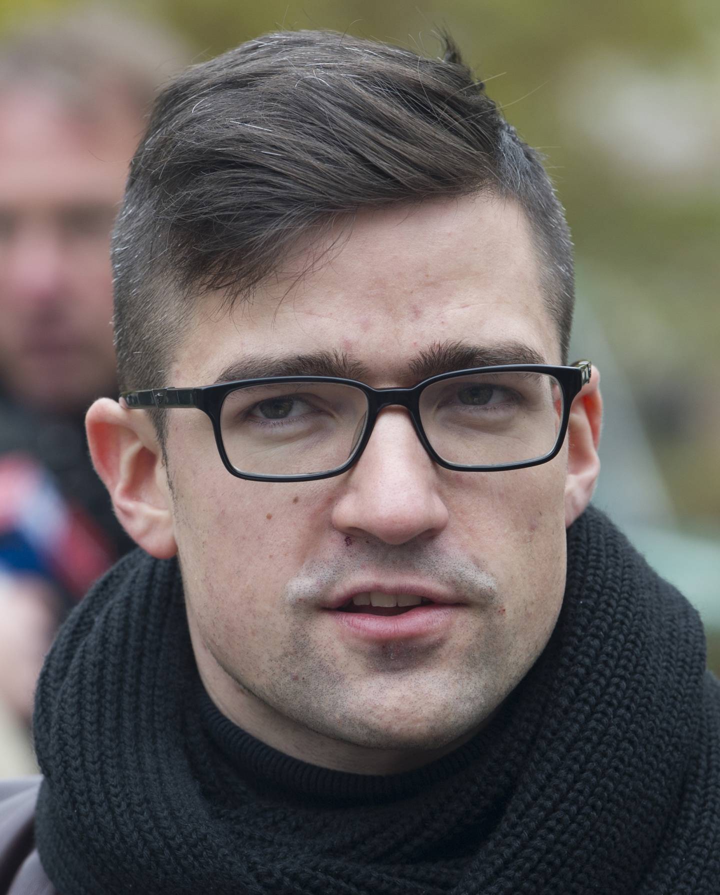 File--- In this picture taken Nov.5, 2016 Martin Sellner, leader of the right-wing populist Identitarian movement of Austria is seen giving an interview in Berlin, Germany. (Paul Zinken/dpa via AP)