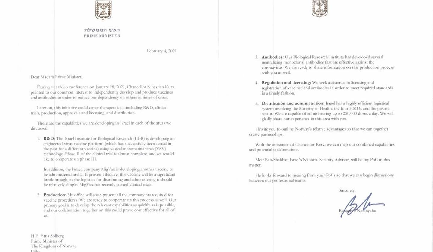 Netanyahu brev til Erna Solberg, vaksinesamarbeid