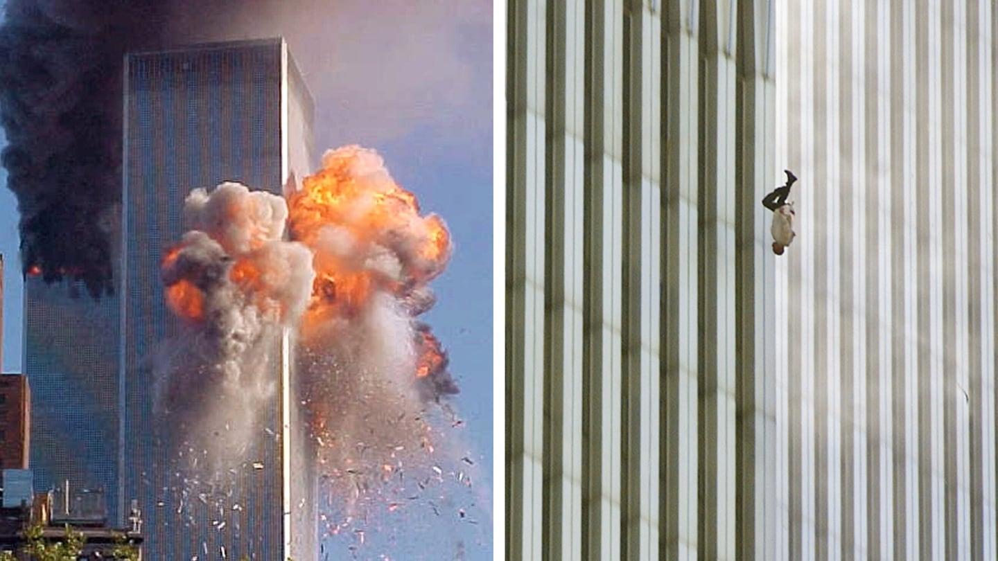 11. september: Nesten 3.000 mennesker ble drept i terrorangrepet. Flere hoppet ut av vinduene for å unnslippe flammene før tårnene kollapset.