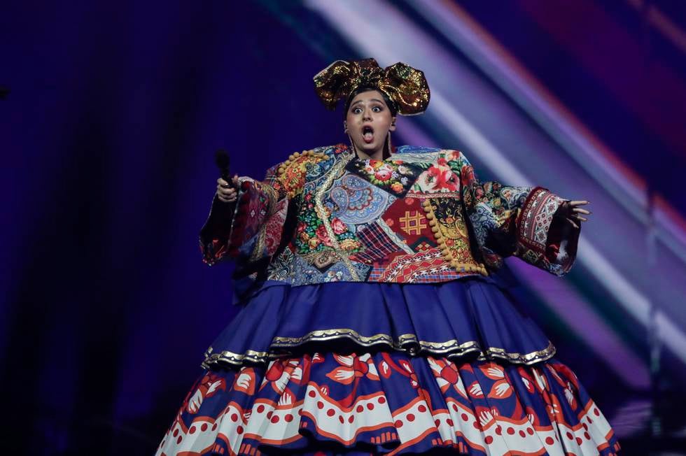 Manizha from Russia performs at the first semi-final of the Eurovision Song Contest at Ahoy arena in Rotterdam, Netherlands, Tuesday, May 18, 2021. (AP Photo/Peter Dejong)