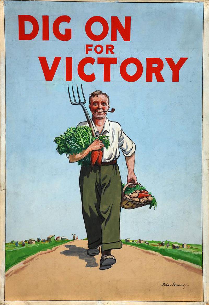 «Grav for seier» var plakatens enkle budskap. Kortreist matproduksjon sto sentralt både i Storbritannia og USA under de to verdenskrigene.