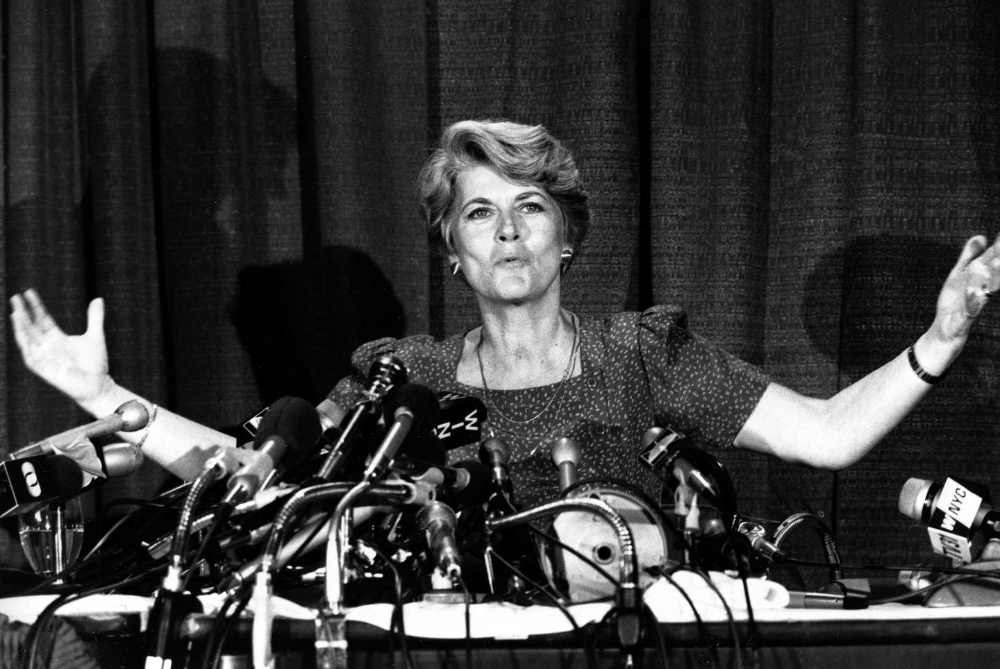 Democratic vice presidential nominee Geraldine Ferraro holds a news conference in New York City, Tuesday, Aug. 21, 1984.  Ferraro said she deliberately kept her finances separate from those of her husband, New York developer John A. Zaccaro, and she is glad the records have been released. (AP Photo/Ron Frehm)