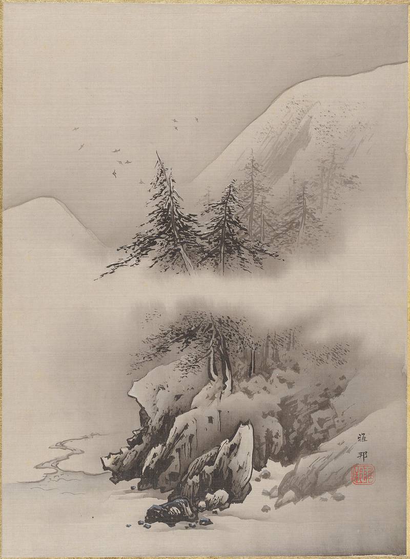 http://www.metmuseum.org/art/collection/search/54646 Artist: Hashimoto Gaho, Japanese, 1835?1908, Snow Landscape, ca. 1885?89, Album leaf; ink and color on silk, Image: 14 1/4 ? 10 1/2 in. (36.2 ? 26.7 cm)
Mat: 22 7/8 ? 15 1/2 in. (58.1 ? 39.4 cm). The Metropolitan Museum of Art, New York. Charles Stewart Smith Collection, Gift of Mrs. Charles Stewart Smith, Charles Stewart Smith Jr., and Howard Caswell Smith, in memory of Charles Stewart Smith, 1914 (14.76.61.40)