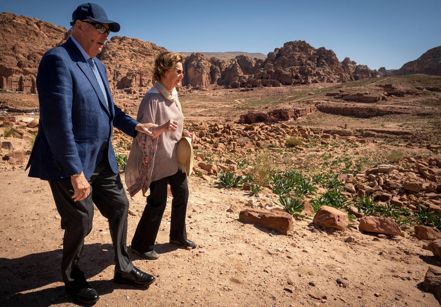 Petra, Jordan 20200304. 
Kong Harald og dronning Sonja besøker oldtidsbyen Petra i Jordan onsdag. Det er siste post under det tre dager lange statsbesøket.
Foto: Heiko Junge / NTB scanpix
