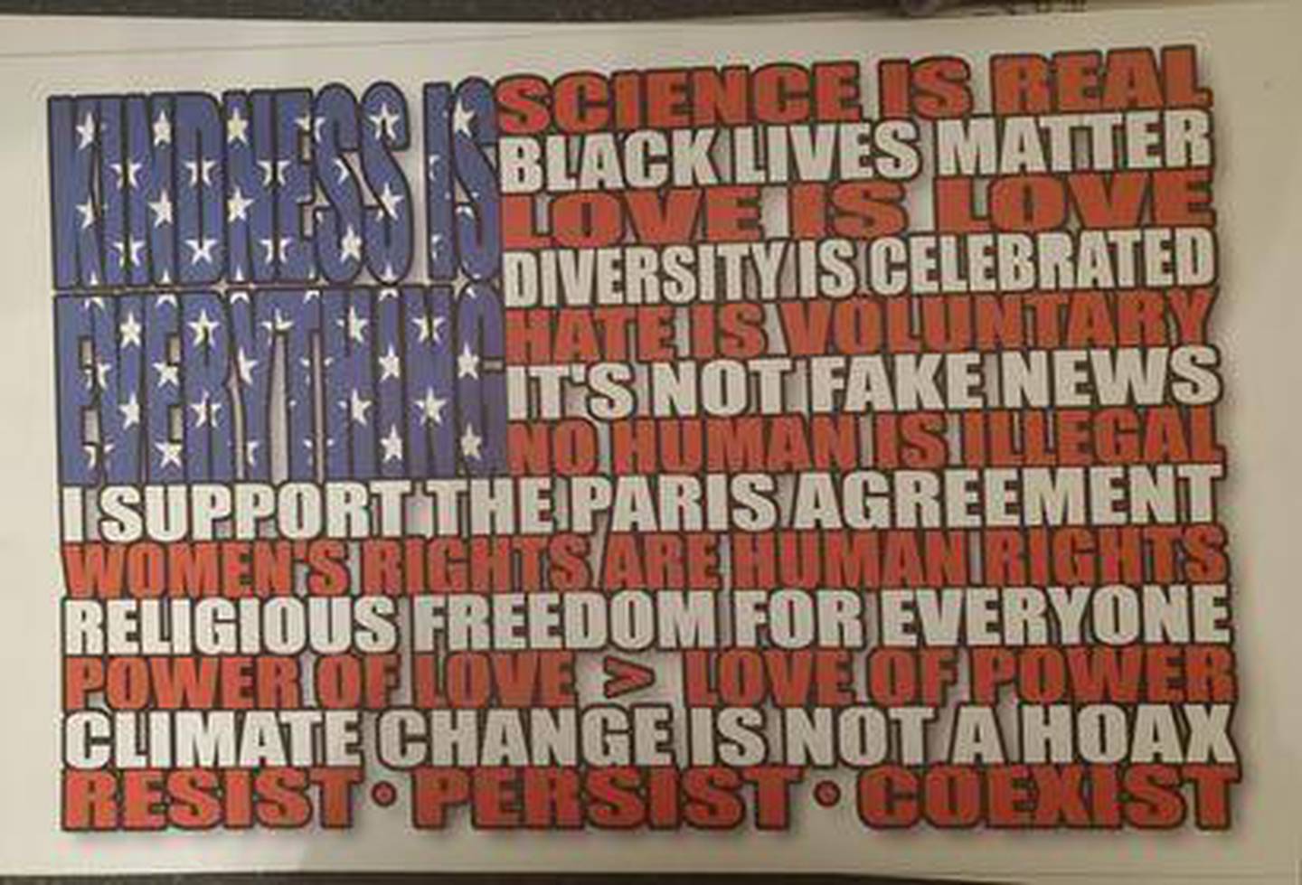 Går du tettere inn på plakaten i hagen til Keels og Bernie, ser du at flagget består av ulike tekster, og slagord som «Black lives matter», «science is real», «no human is illegal».