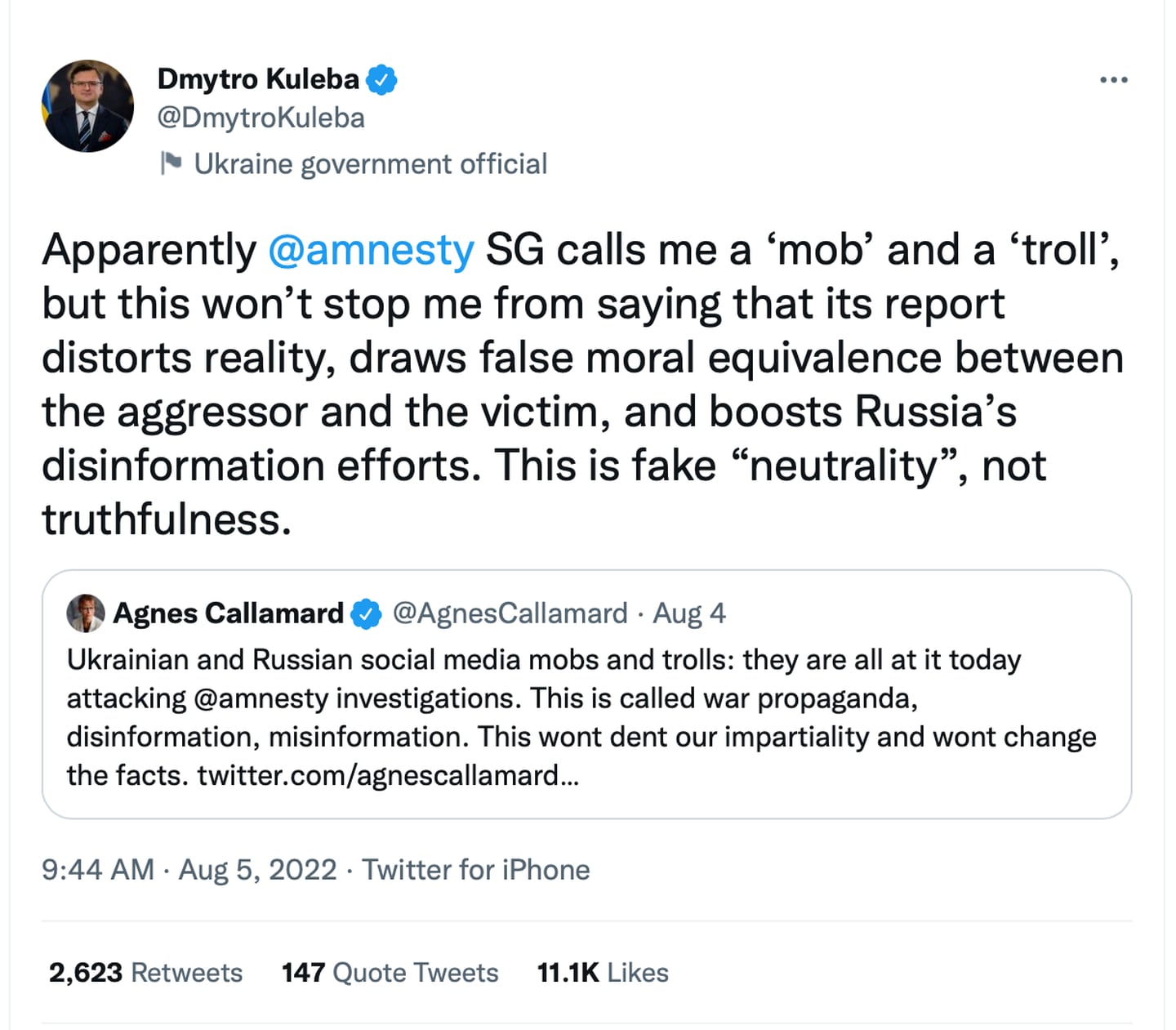 TWITTER: Ukrainas utenriksminister Dmytro Kuleba reagerer kraftig på Amnesty-lederens uttalelser.