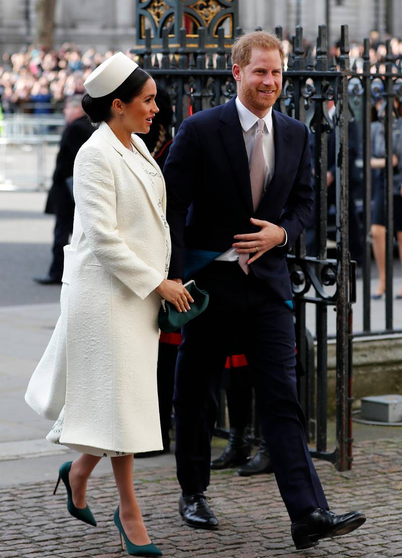 FILE - In this file photo dated Monday, March 11, 2019, Britain's Prince Harry and Meghan Markle, the Duchess of Sussex arrive to attend the Commonwealth Service at Westminster Abbey on Commonwealth Day in London.  Prince Harry on Monday May 6, 2019, said Meghan has given birth to a baby boy.(AP Photo/Frank Augstein, FILE)