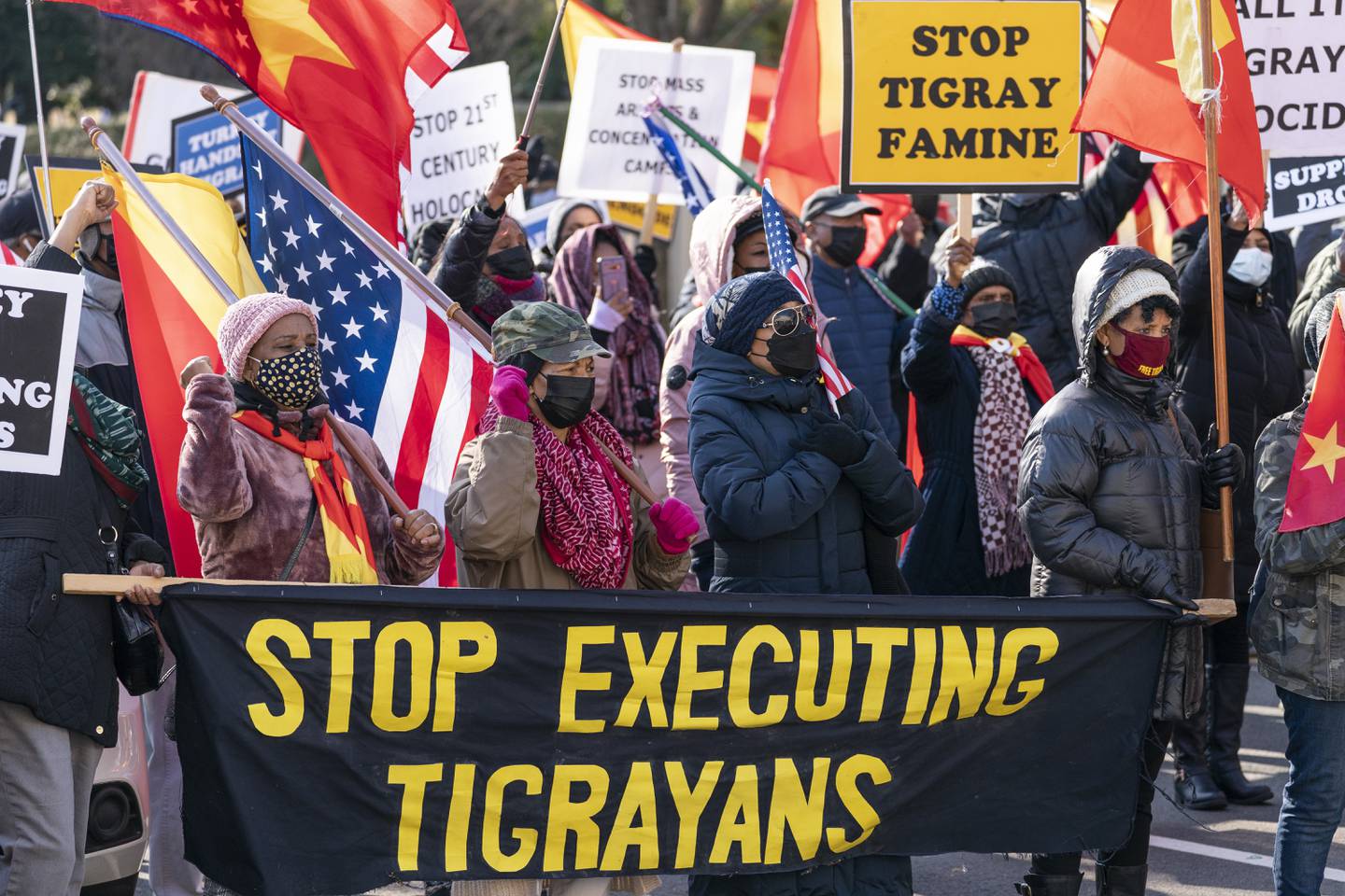 Etiopias krigføring i Tigray-regionen har kostet over 10.000 mennesker livet og utløst sterke protester verden over, som her i Washington. Foto: AP / NTB
