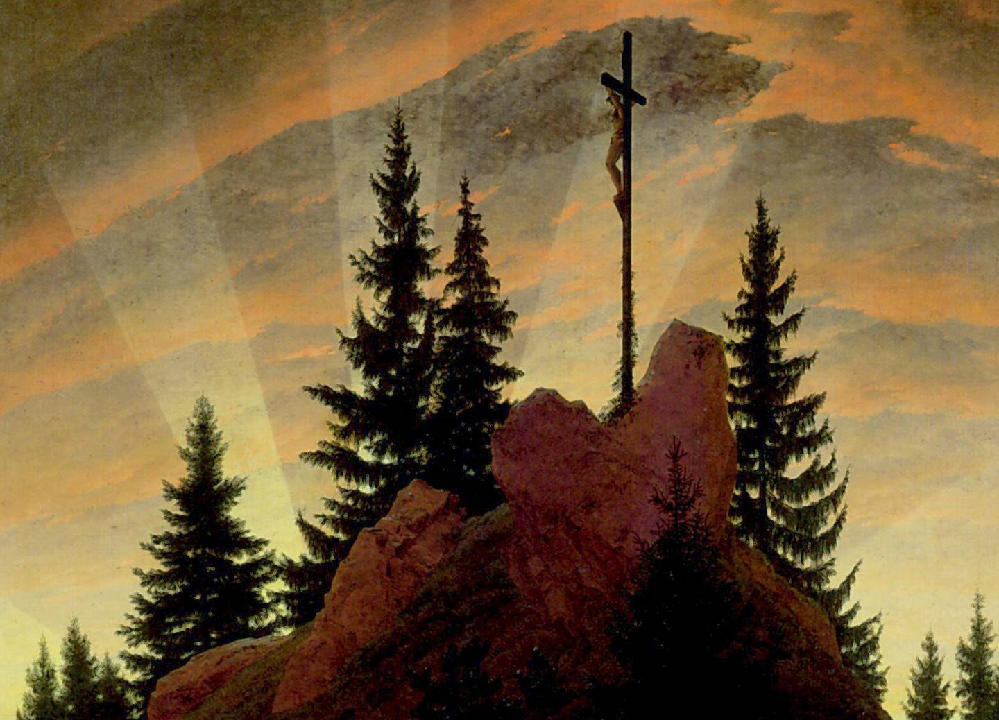 Caspar David Friedrich var ein av dei fremste representantane for tysk romantisk målarkunst. Dette bildet av korset på berget er frå 1807/1808. Forfattar Geir Uthaug les det som ei oppfordring om å ta korset på alvor. Foto: Wikimedia commons (utsnitt)   