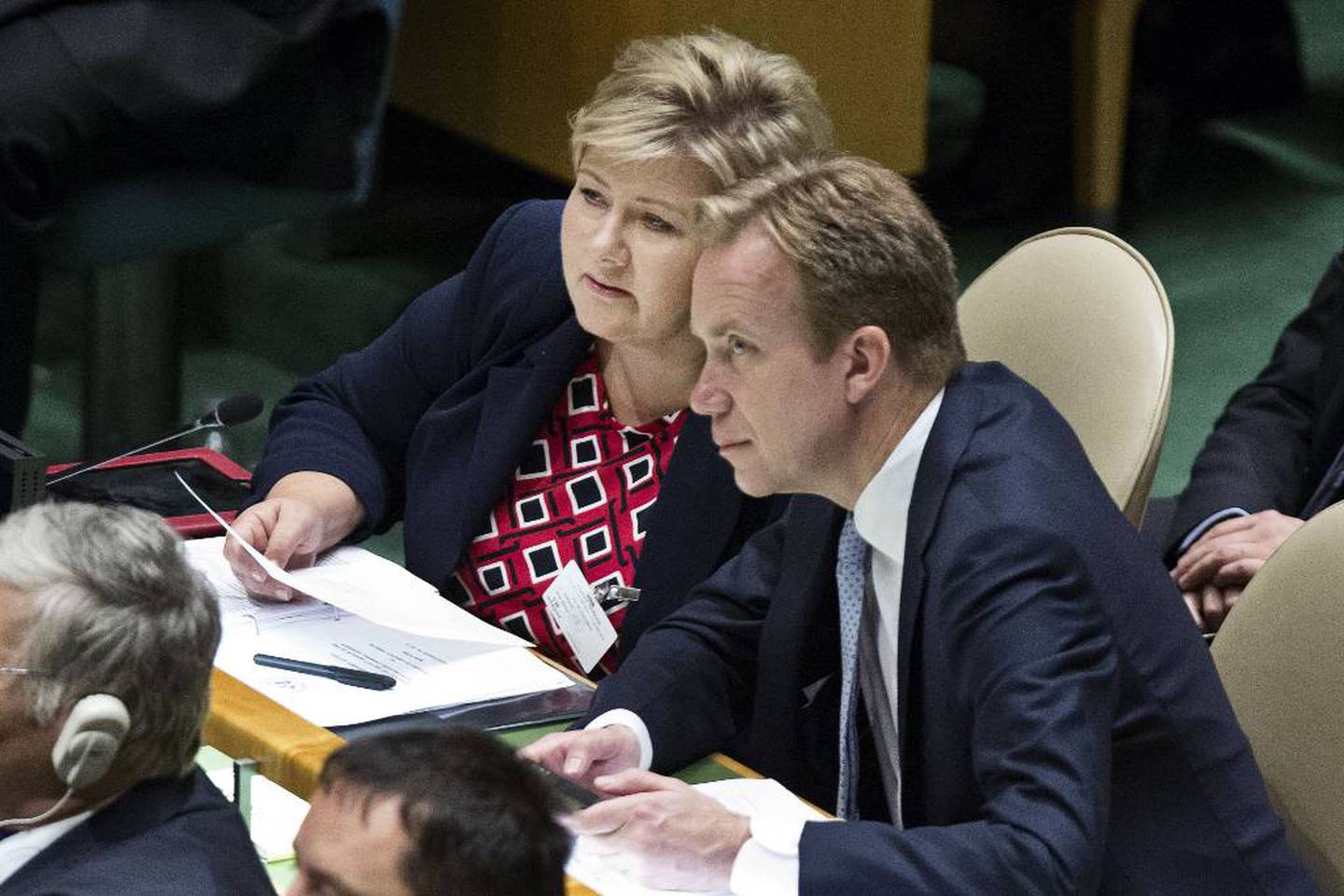 Statsminister Erna Solberg og utenriksminister Børge Brende på åpningen av generalforsamlingen i FN tidligere denne uken. 