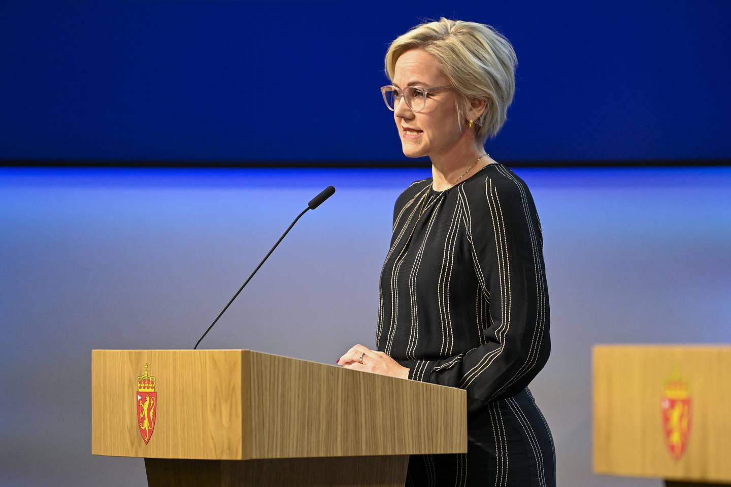 Helseminister Ingvild Kjerkol under regjeringens pressekonferanse om koronasituasjonen i Oslo i Marmorhallen. Foto: Annika Byrde / NTB