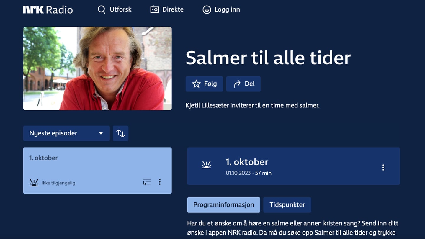 Salmer til alle tider NRK radio skjermdump  28. november 2023
