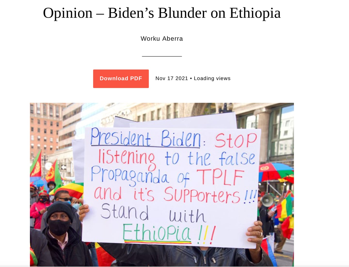 EKSEMPEL: Dersom man leter finner mye afrikansk kritikk av USAs president Joe Bidens politikk rettet mot Etiopia og Afrika generelt. Her er et eksempel fra nettstedet E-International Relations. En britisk avis med mange millioner lesere hver dag.