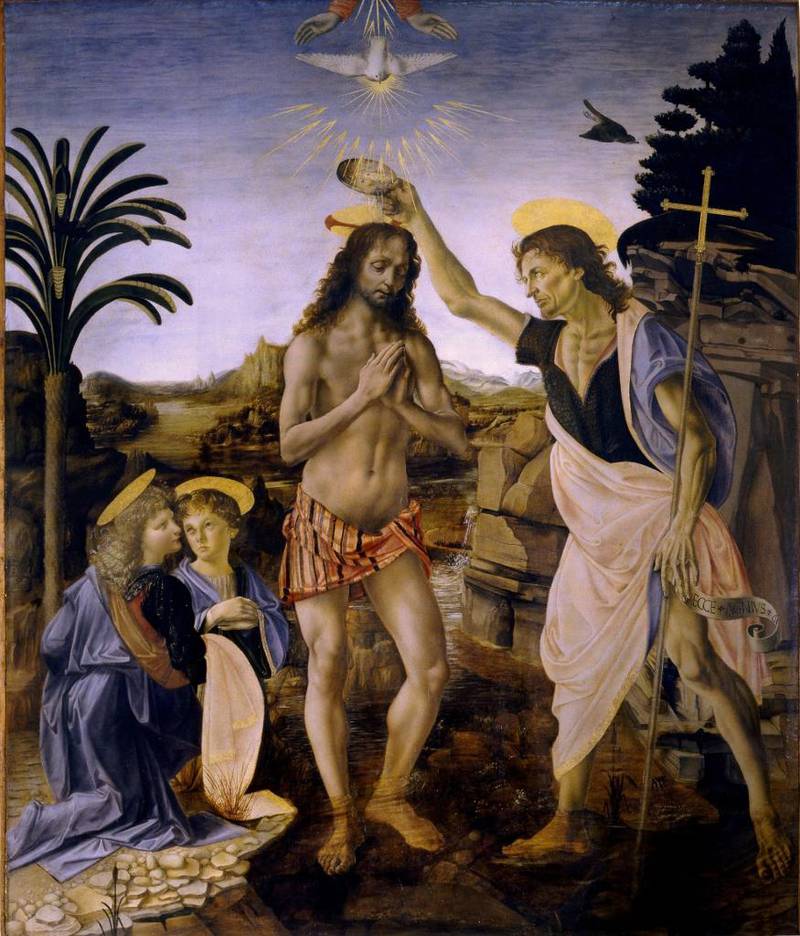 Johannes døperen i kunsten: Johannes døper Jesus av Andrea del Verrocchio og Leonardo da Vinci.