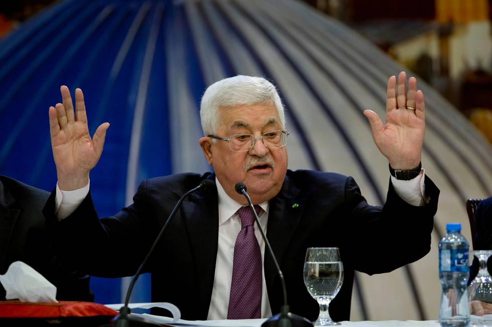 Palestinian President Mahmoud Abbas speaks after a meeting of the Palestinian leadership in the West Bank city of Ramallah. Tuesday, Jan. 22, 2020. President Abbas said "a thousand no's" Tuesday to the Mideast peace plan announced by President Donald Trump, which strongly favors Israel. (AP Photo/Majdi Mohammed)