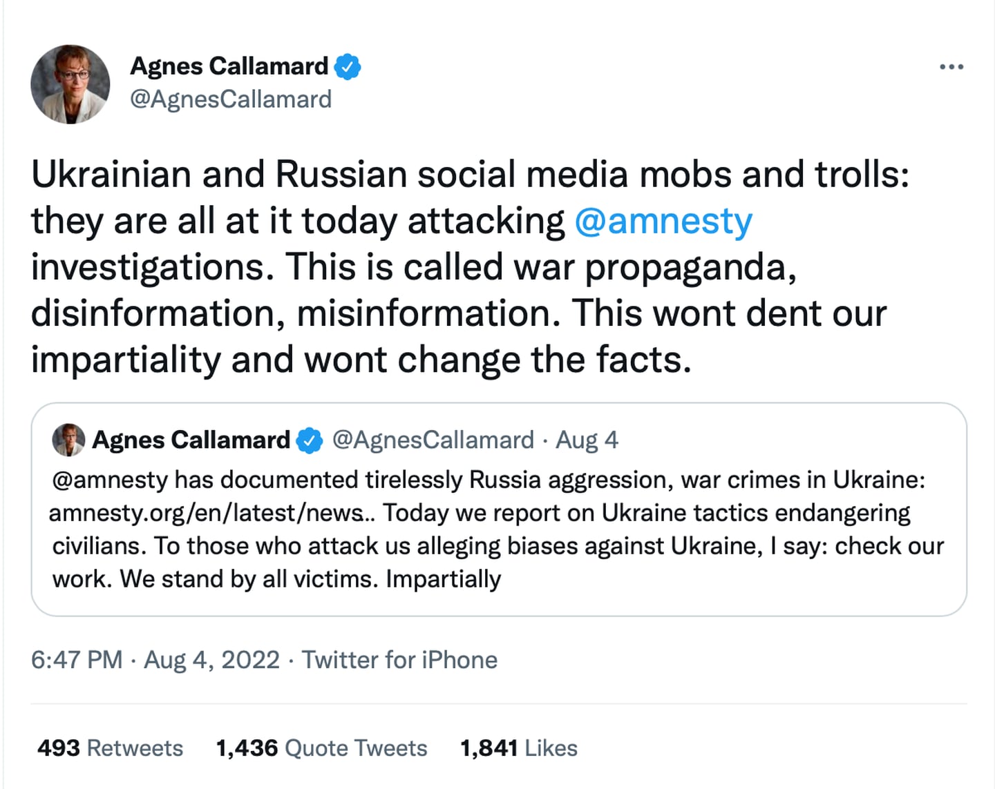 TWITTER: Amnesty-leder Agnes Callamard har fått skarp kritikk for denne twitter-meldingen.