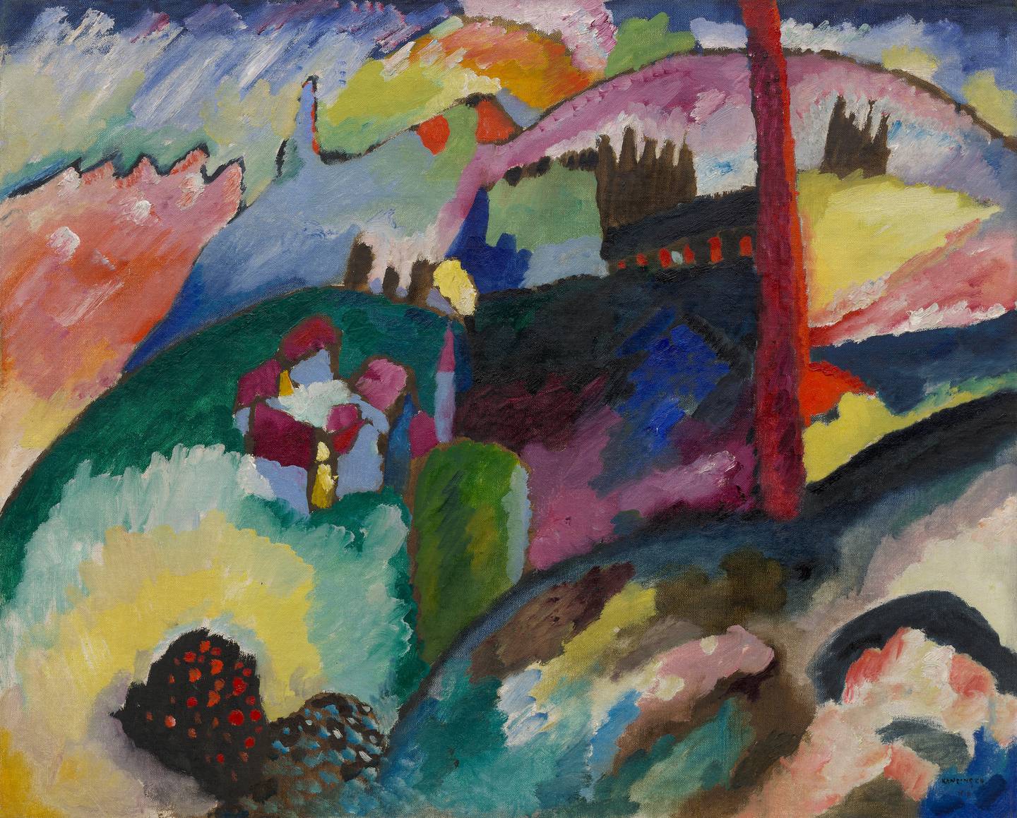 BLÅRIDDER: Et fabrikklandskap slik Vasilij Kandinskij så det. Han hørte til kunstnergruppen Der Blaue Reiter, som på starten av 1900-tallet insisterte på at kunsten måtte uttrykke de indre verdiene og en åndelige sannhet.