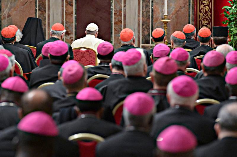 Pope Francis, background third from left, attends a penitential liturgy at the Vatican, Saturday, Feb. 23, 2019. The pontiff is hosting a four-day summit on preventing clergy sexual abuse, a high-stakes meeting designed to impress on Catholic bishops around the world that the problem is global and that there are consequences if they cover it up. (Vincenzo Pinto/Pool Photo Via AP)