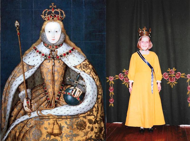 Dronning Elizabeth, slik hun ble fremstilt henholdsvis på starten av 1600-tallet av ukjent kunstner, og på starten av 1990-tallet i Valdres.