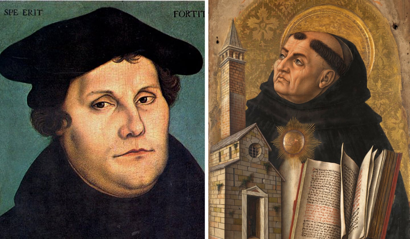 Martin Luther (til venstre) og Thomas Aquinas.
