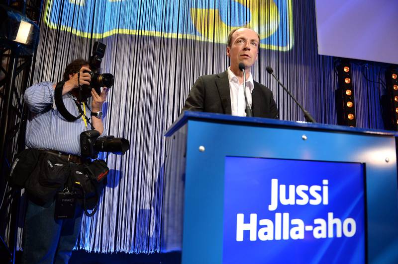 The Finns candidate Jussi Halla-aho speaking at the European Parliament election event in Helsinki, Sunday May 25, 2014. Halla-aho was elected to the European Parliament. (AP Photo/Lehtikuva, Jussi Nukari )  FINLAND OUT  