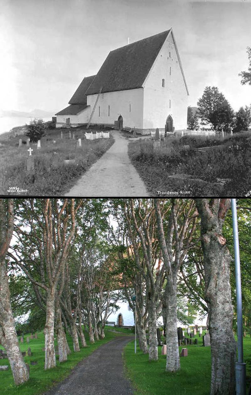 TRONDENES KIRKE 1930–2010: Ved Trondenes kirke i Harstad er det en allé som «gjemmer» kirken i omgivelsene.