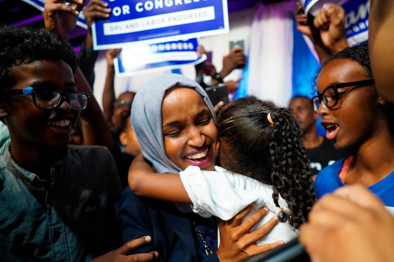 Minnesota Rep. Ilhan Omar celebrates with her children after her Congressional 5th District primary victory, Tuesday, Aug. 14, 2018, in Minneapolis. (Mark Vancleave/Star Tribune via AP)