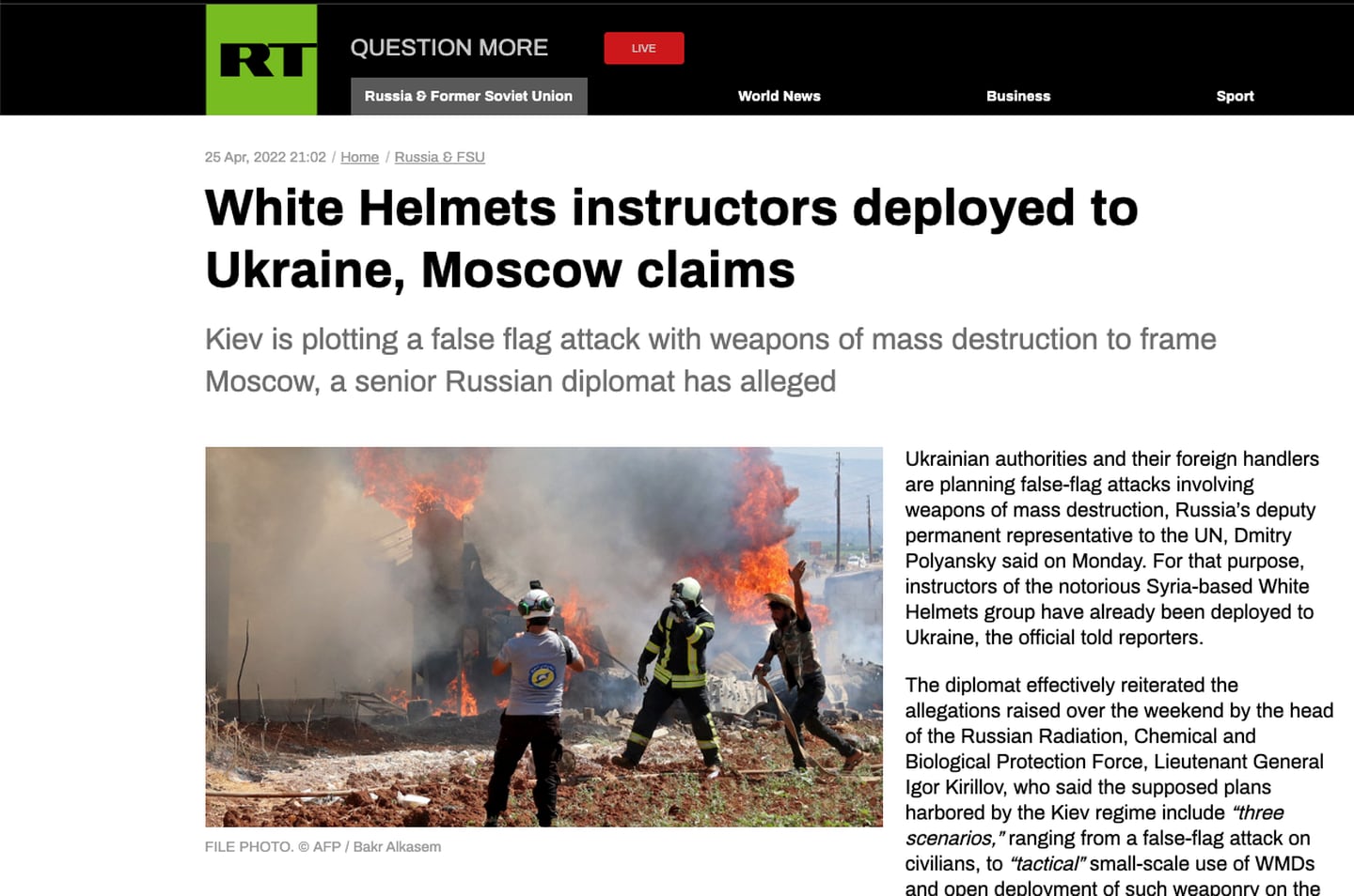 RUSSIA TODAY: Den russiske statskanalen RT viderebringer anklager om at De hvite hjelmene er i Ukraina for å konstruere «falsk flagg»-operasjoner mot Russland.